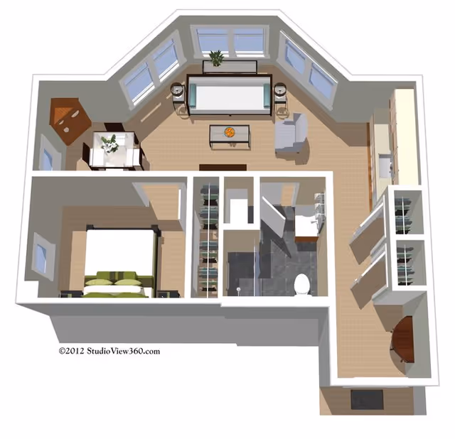 3D floor plan of a one-bedroom apartment showing a living room with bay windows, dining area, kitchen, bedroom, and bathroom.
