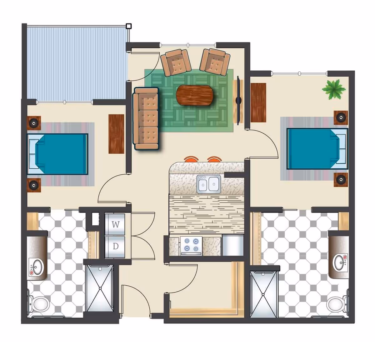 Floor plan of a two-bedroom apartment featuring two bathrooms, a kitchen with a breakfast bar and two stools, a living room with a sofa, two armchairs, a coffee table, and a TV, a balcony, and a laundry area with washer and dryer.