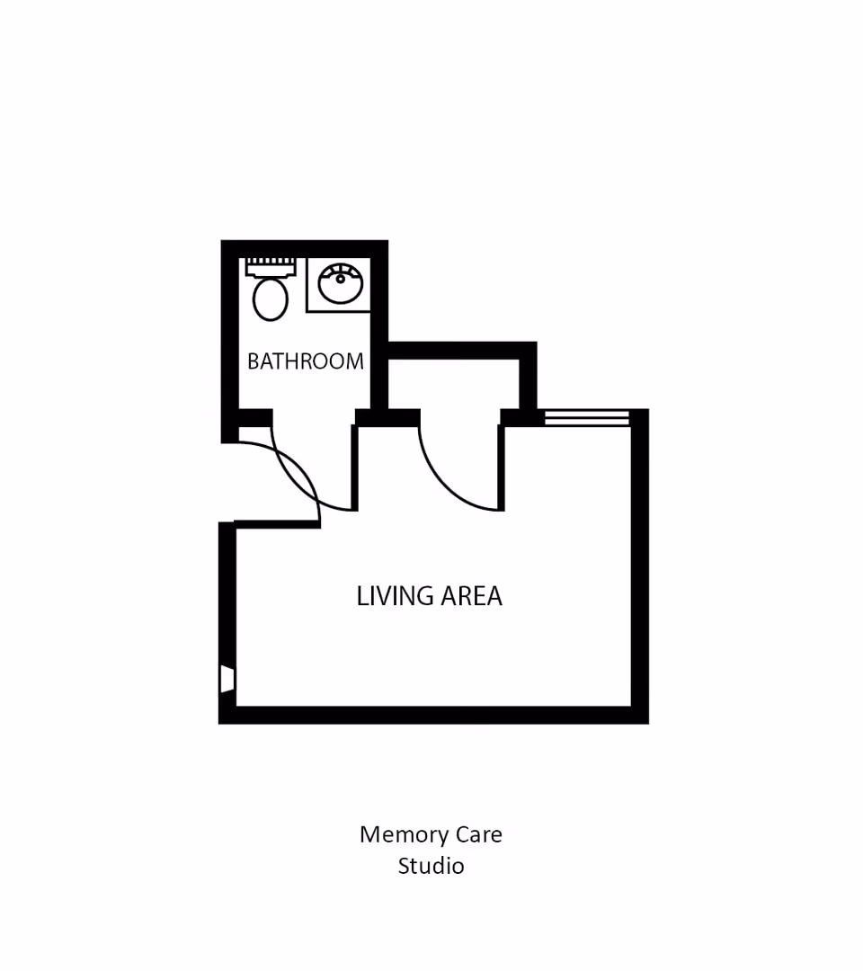 Floor plan layout of a Memory Care Studio unit showing a living area and a bathroom with a toilet and sink.
