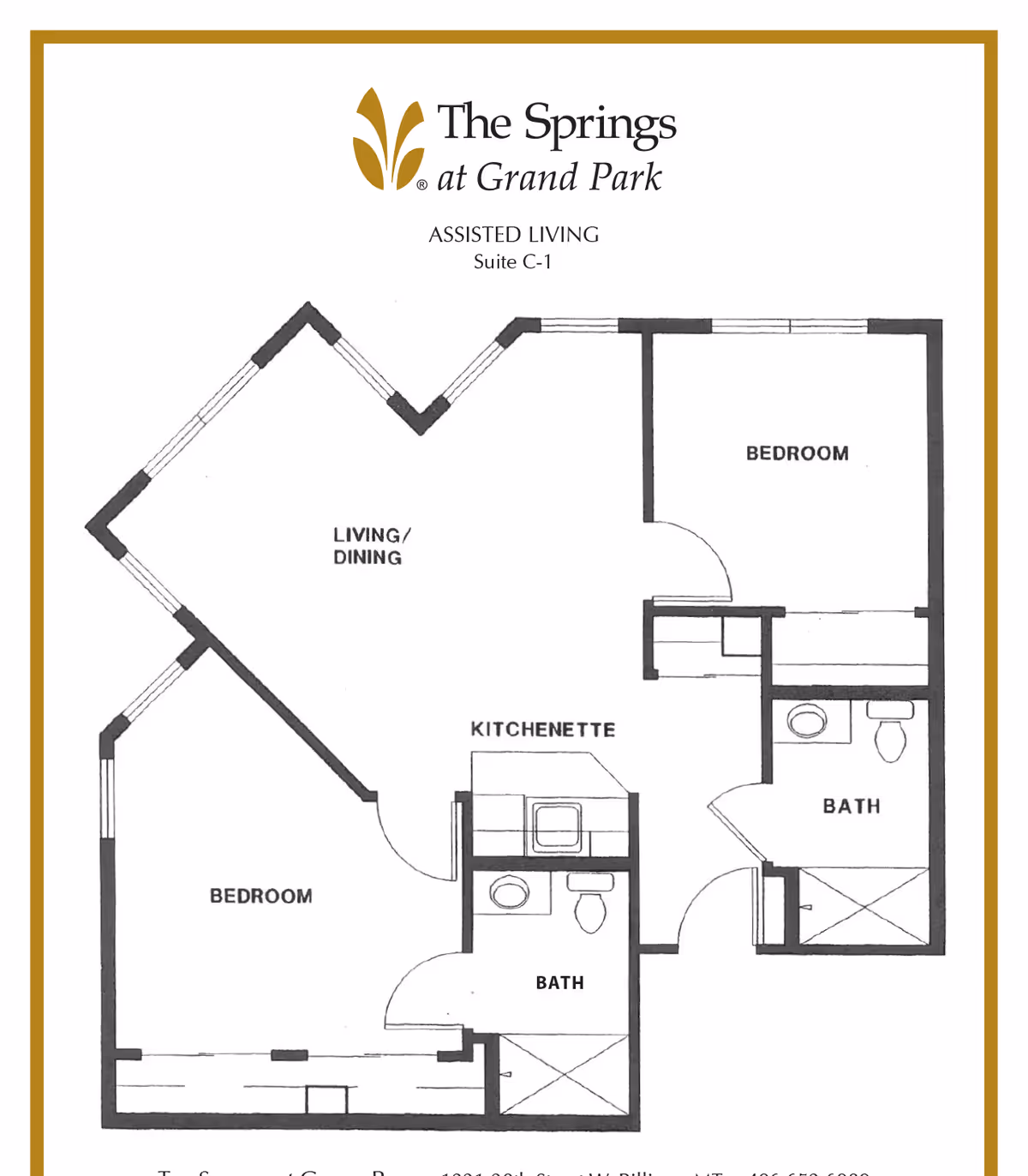 Floor plan of an assisted living suite C-1 at The Springs at Grand Park, showing two bedrooms, two bathrooms, a kitchenette, and a combined living and dining area.
