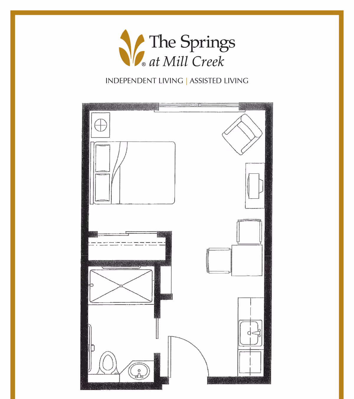 Floor plan of a studio apartment at The Springs at Mill Creek showing a combined living and sleeping area with a bed, chair, small table, and kitchenette. There is a separate bathroom with a toilet, sink, and shower.