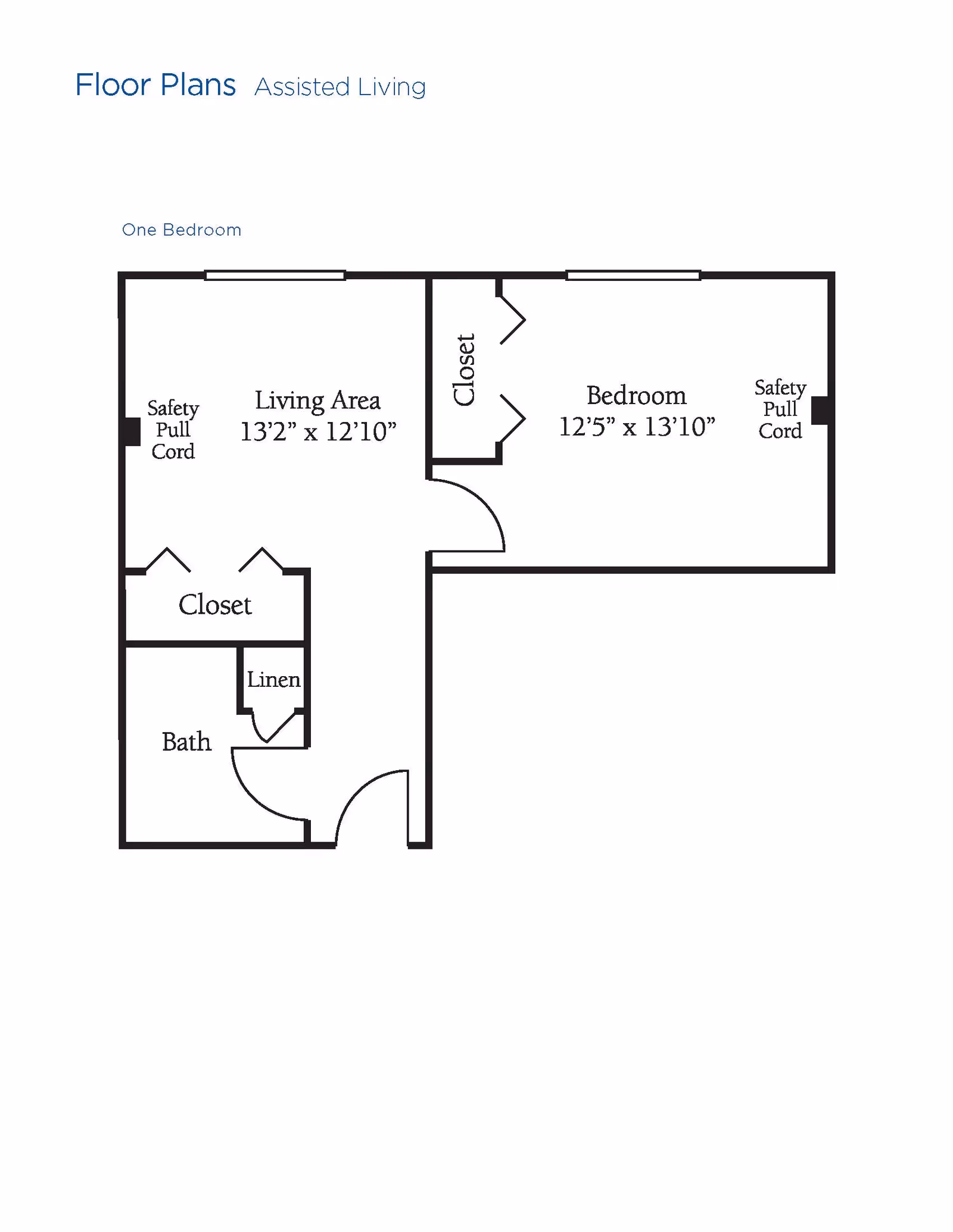 Floor plan layout for a one-bedroom assisted living unit showing a living area measuring 13 feet 2 inches by 12 feet 10 inches, a bedroom measuring 12 feet 5 inches by 13 feet 10 inches, closets, a bath, and a linen closet. Safety pull cords are indicated in the living area and bedroom.