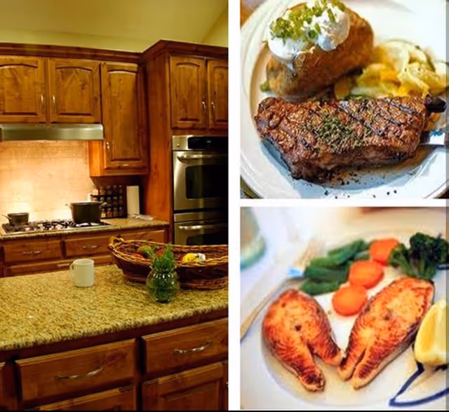 Collage showing a wooden kitchen with granite countertops on the left and two plated meals (steak with potato and fish with vegetables) on the right.