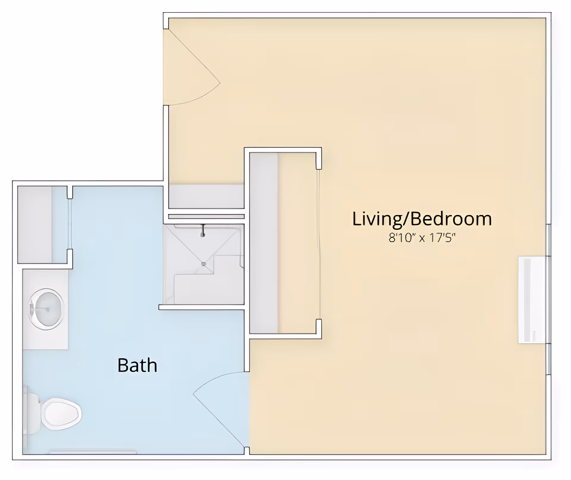 Floor plan of a senior living unit at New Perspective Senior Living | Waconia showing a combined living and bedroom area measuring 8 feet 10 inches by 17 feet 5 inches, and an adjacent bathroom with a toilet, sink, and shower.