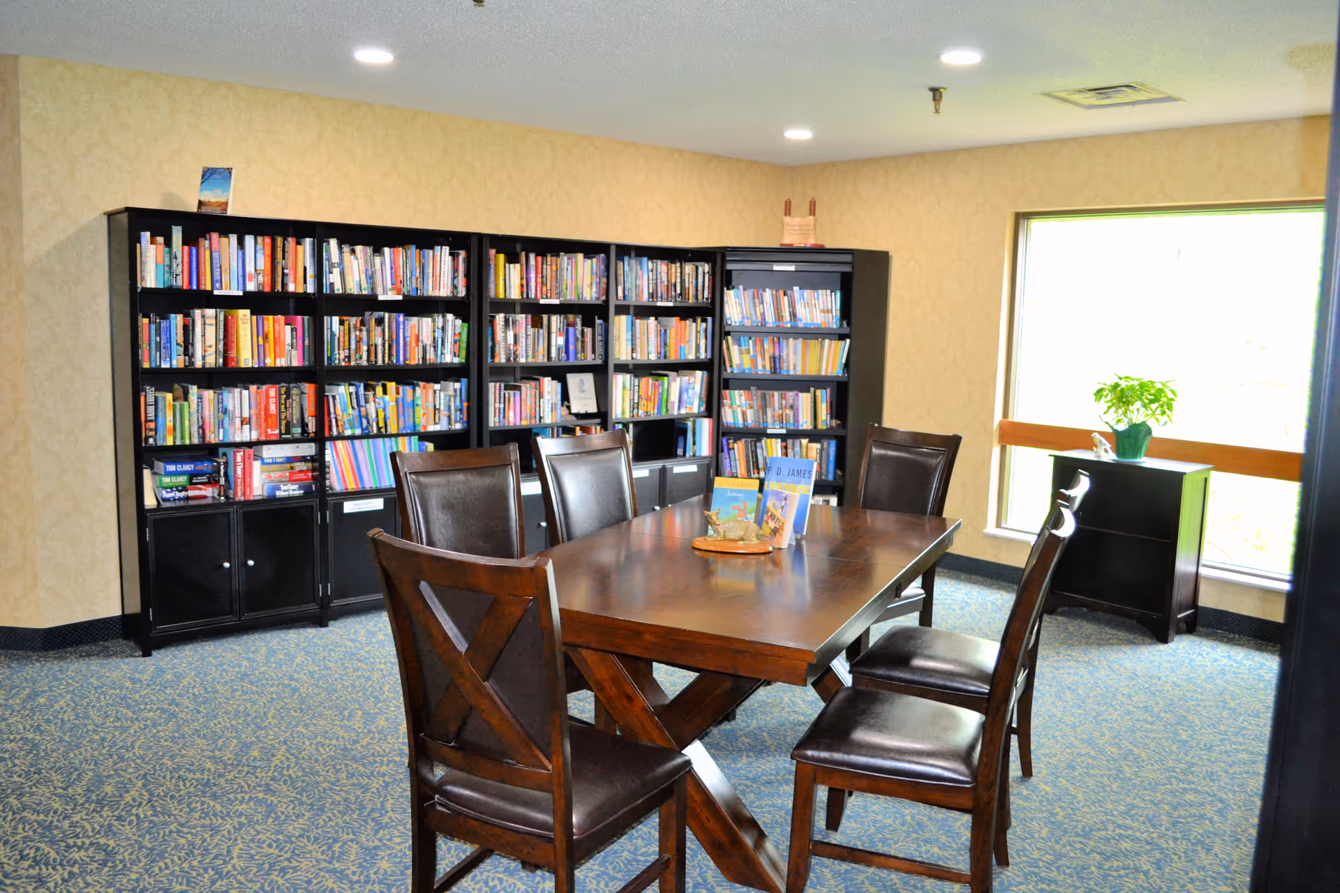 Communal reading room with tall bookshelves, a large wooden table with chairs, and a window with a potted plant.