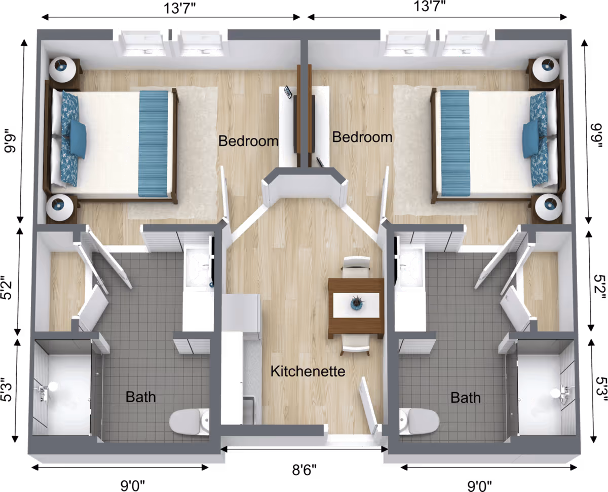 Top-down floor plan of a mirrored two-bedroom assisted living unit with a central kitchenette and two bathrooms.