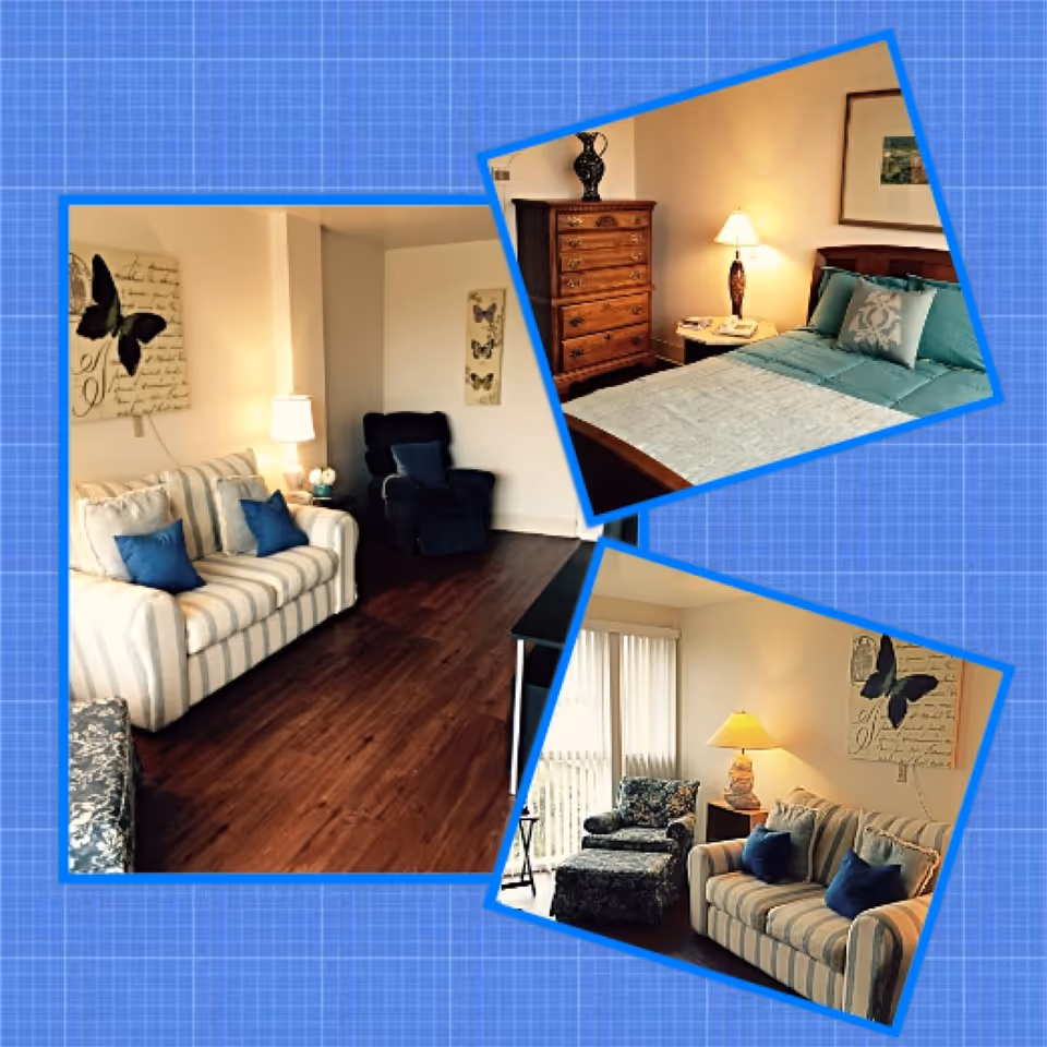 Collage of three images showing interior spaces of a senior living facility. One image features a living room with a striped sofa, blue pillows, a lamp, and a butterfly wall art. Another image shows a bedroom with a wooden dresser, a bed with teal bedding, a nightstand, and a lamp. The third image shows another angle of the living room with a floral armchair, a matching ottoman, a lamp, and vertical blinds on a window.