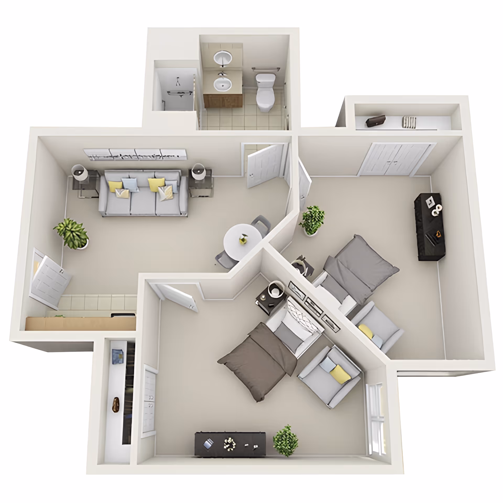 3D floor plan of an assisted living apartment featuring a living room with a sofa and side tables, a small dining area with a round table and chairs, a bathroom with a sink and toilet, and two bedrooms each furnished with beds, chairs, dressers, and plants.