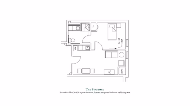 Black-and-white floor plan labeled 'The Stafford' showing a one-bedroom suite with a living area, kitchenette, and bathroom.