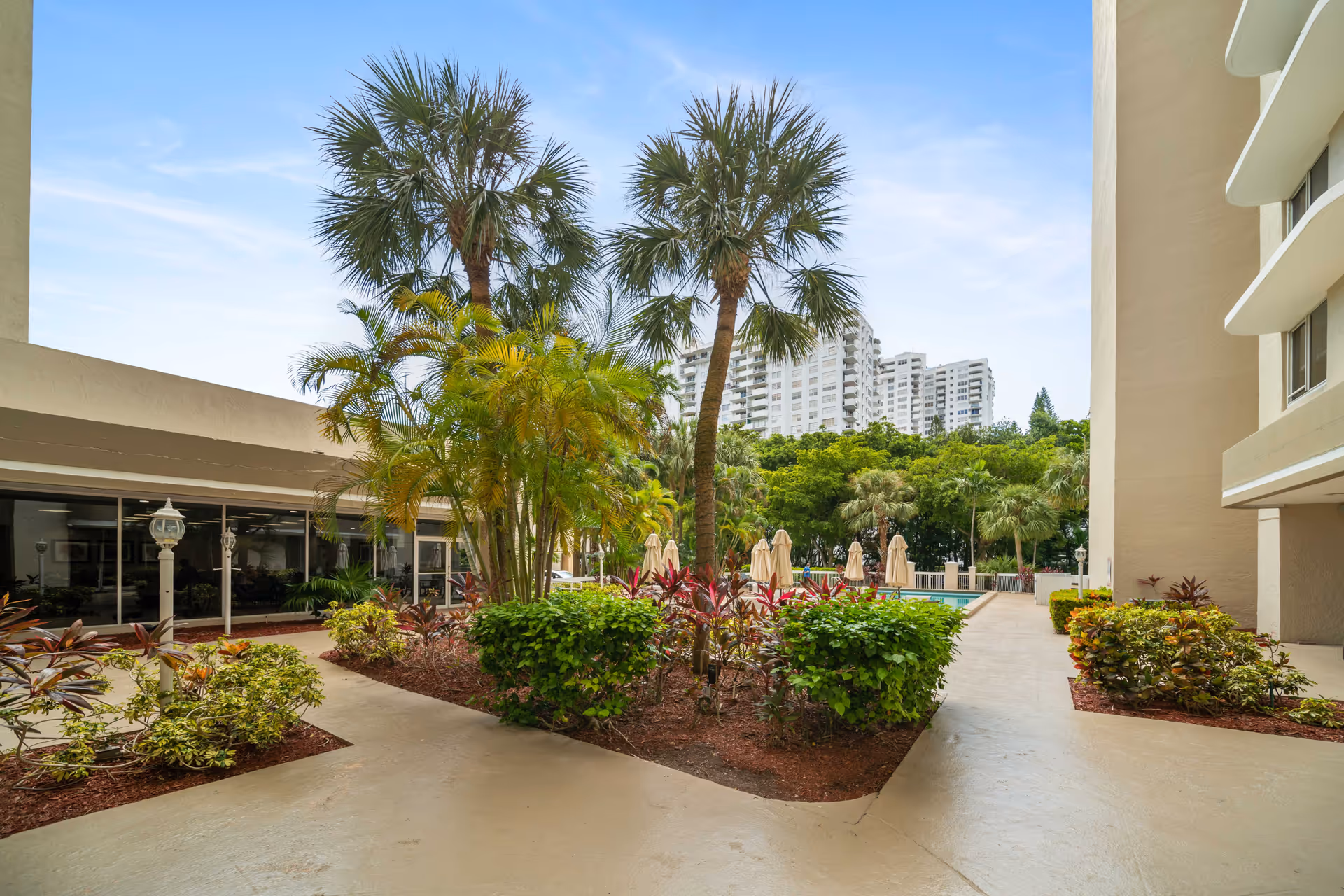 Outdoor courtyard area with palm trees, various shrubs, and plants surrounded by beige buildings. In the background, there are tall residential buildings and a swimming pool area with closed umbrellas.