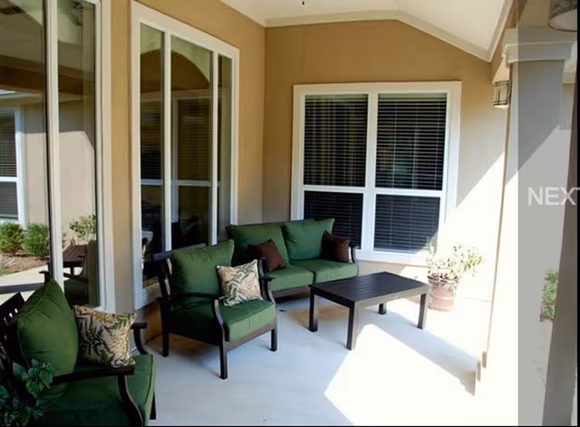 Outdoor covered patio area with green cushioned chairs and a matching sofa arranged around a black coffee table. There are decorative pillows on the chairs and sofa, large windows with white frames, and a potted plant in the corner.