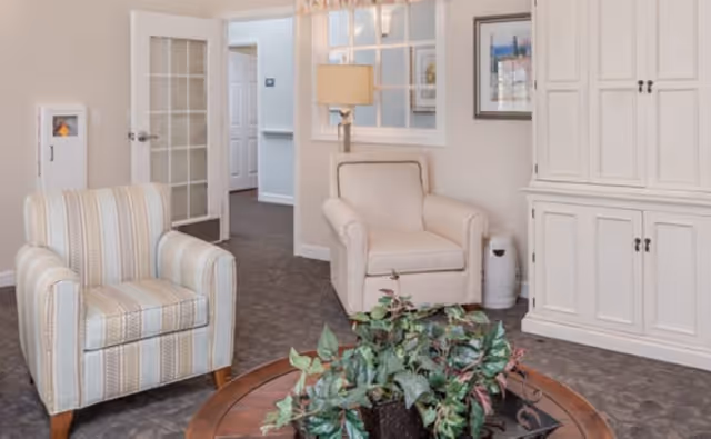 Bright sitting area with two armchairs, a round coffee table with a potted plant, a floor lamp, and a white cabinet.