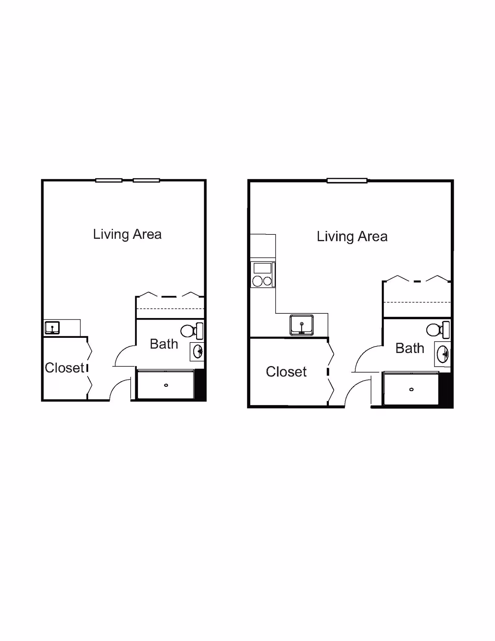 Two black and white floor plans side by side, each showing a living area, a closet, and a bathroom. The left floor plan has a living area, closet, and bath with a toilet and sink. The right floor plan includes a living area, closet, bath with toilet and sink, and a small kitchen area with a stove and sink.