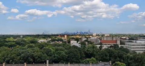 Panoramic view of a city skyline with trees and distant buildings under a blue sky.