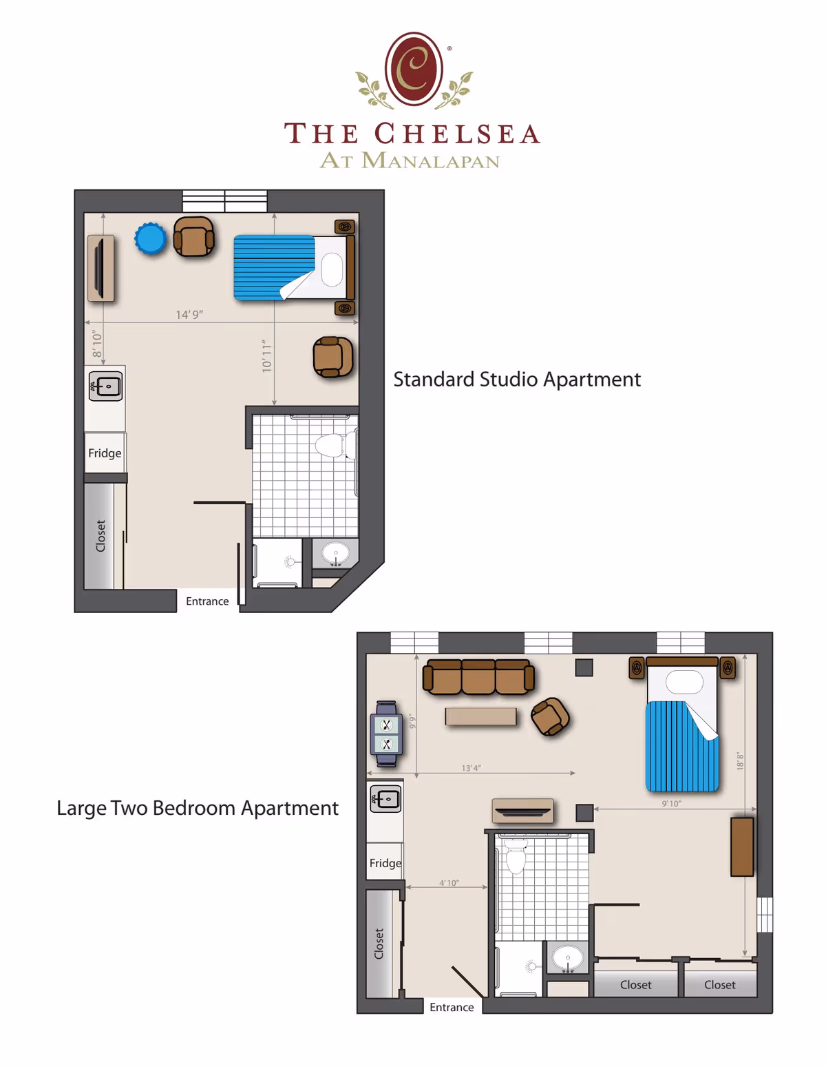 Floor plans for two apartment types at The Chelsea at Manalapan: a Standard Studio Apartment featuring a combined living and sleeping area with a bed, chairs, a fridge, closet, and bathroom; and a Large Two Bedroom Apartment with a living room, kitchen area with fridge, two bedrooms, closets, and a bathroom.