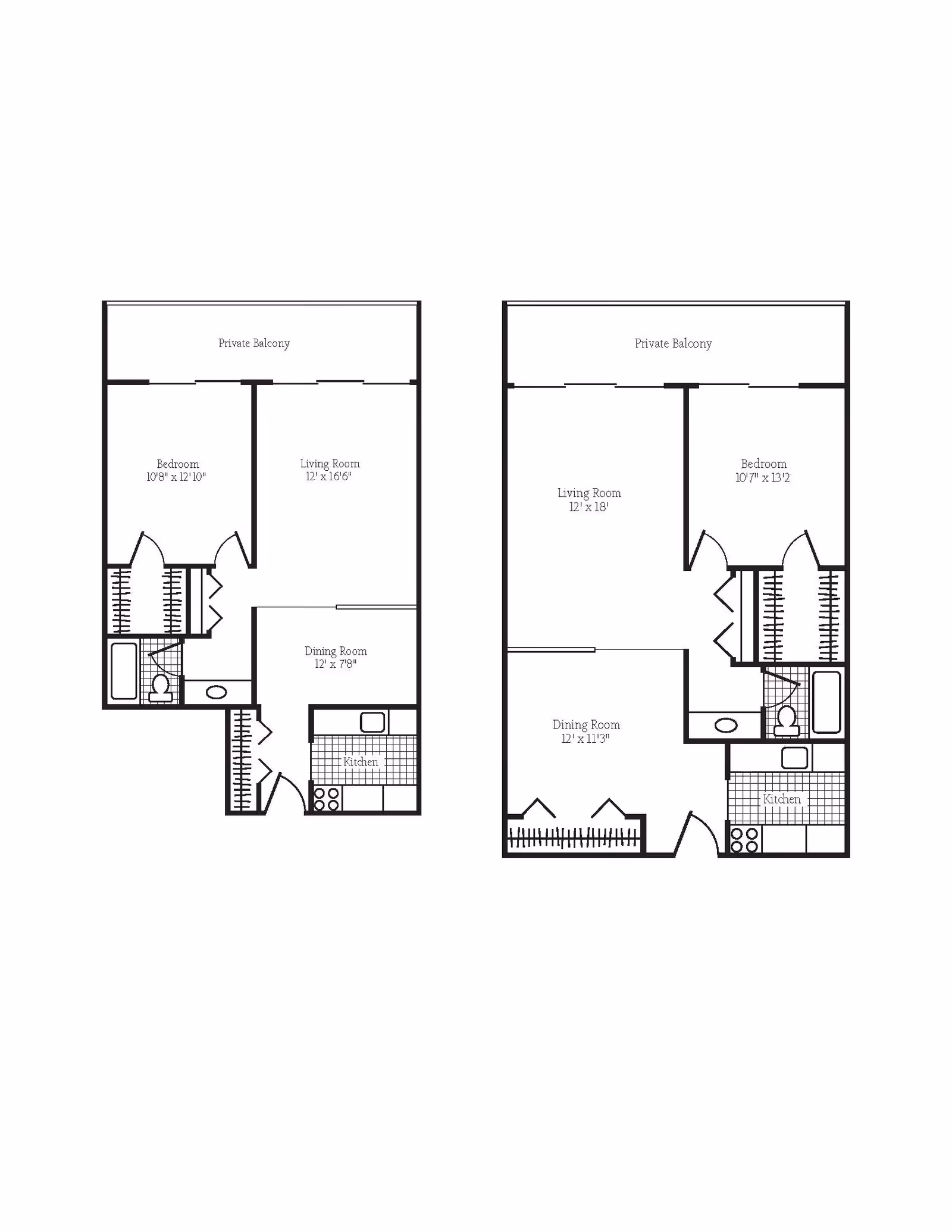 Architectural floor plans showing two apartment layouts, each with a private balcony, bedroom, living room, dining room, kitchen, and bathroom.