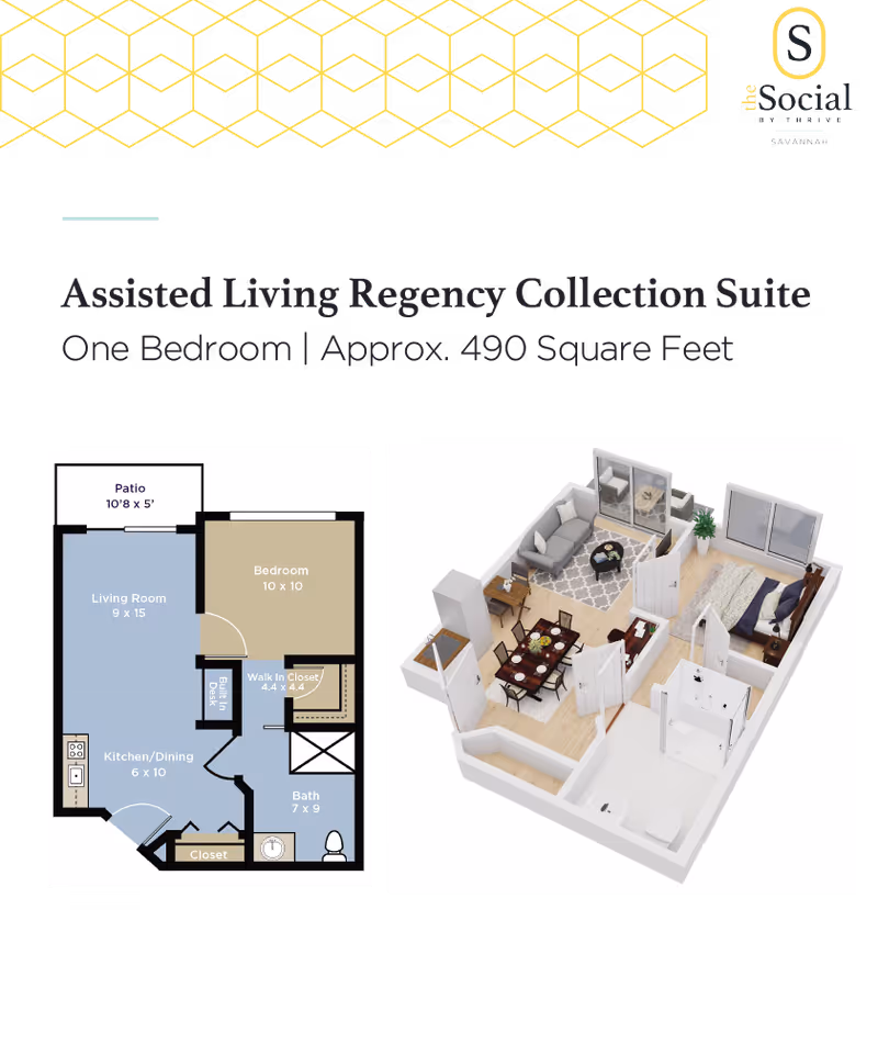 Floor plan and 3D rendering of a one-bedroom assisted living suite at The Social at Savannah, showing a living room, kitchen/dining area, bedroom, bathroom, walk-in closet, and patio. The suite is approximately 490 square feet.