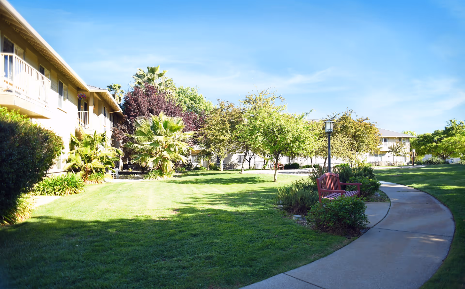 A sunny outdoor garden area at Oakdale Heights Assisted Living with a curved concrete pathway, green grass, various trees and shrubs, a red bench, and two-story residential buildings in the background under a clear blue sky.