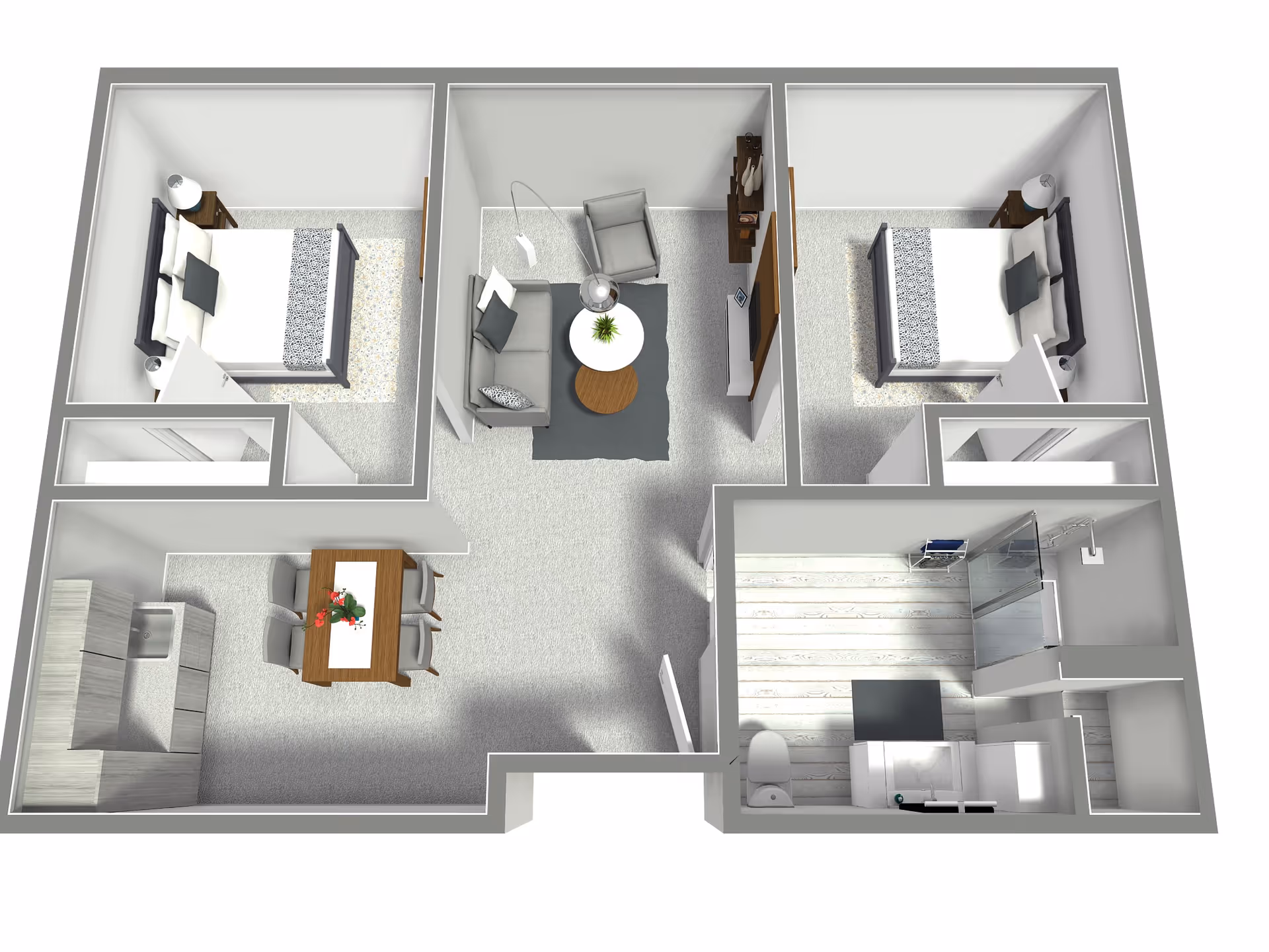 3D floor plan of a senior living apartment featuring two bedrooms with beds and nightstands, a living room with a sofa, armchair, coffee table, and TV, a dining area with a table and four chairs, a kitchen with cabinets and a sink, and a bathroom with a shower, toilet, and sink.