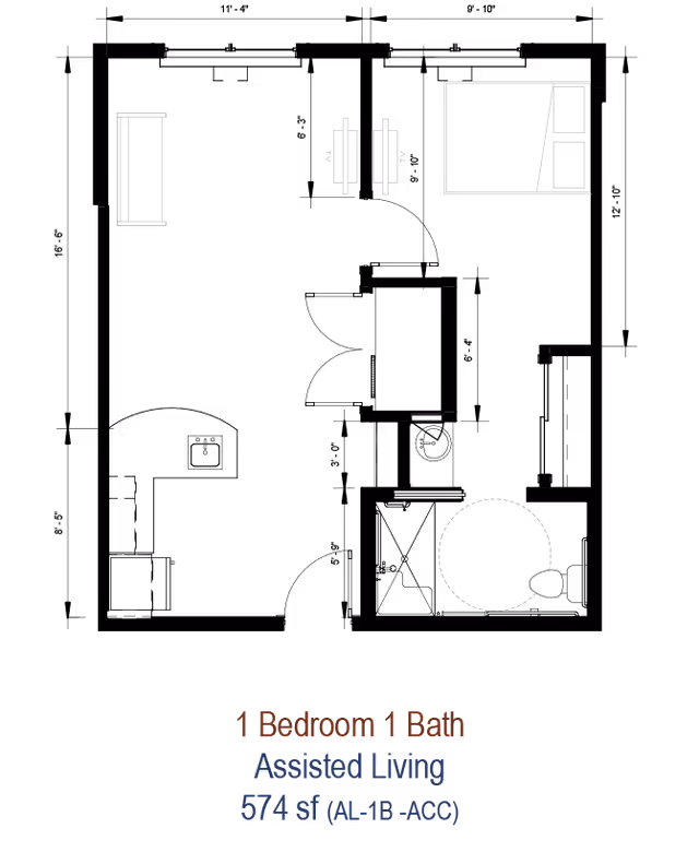 Black-background architectural floor plan showing a 1-bedroom, 1-bath assisted living unit labeled '1 Bedroom 1 Bath Assisted Living 574 sf'.