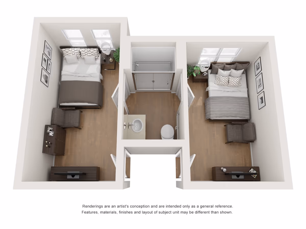 3D floor plan rendering showing two bedrooms separated by a central bathroom with shower.