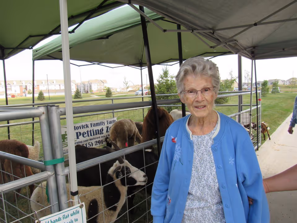 An elderly woman wearing glasses and a blue cardigan stands next to a fenced petting zoo area with various animals under a green canopy. The background shows a grassy area with trees and buildings in the distance.