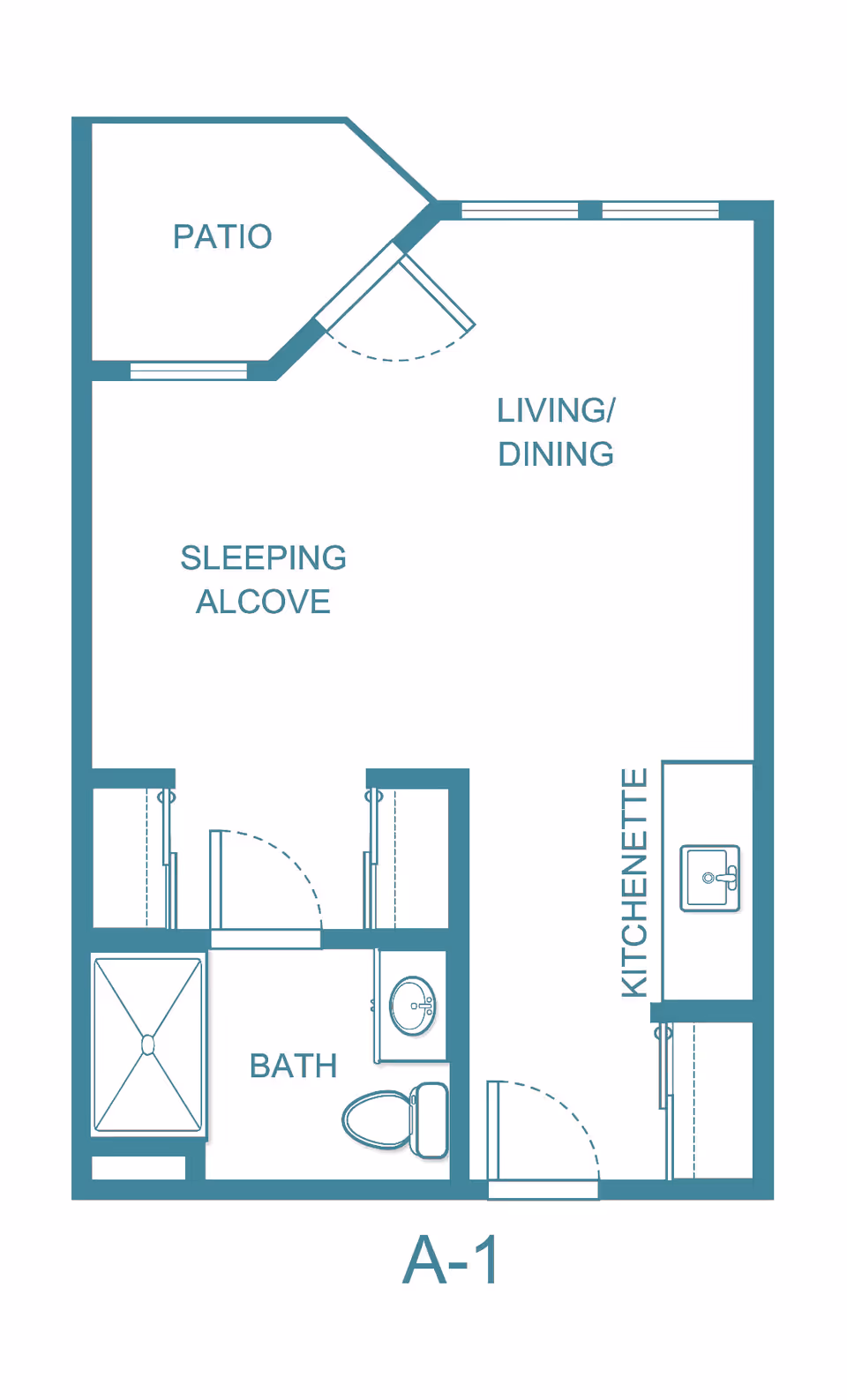 A-1 floor plan of a studio-style apartment with a sleeping alcove, living/dining area, kitchenette, bath, and a patio.