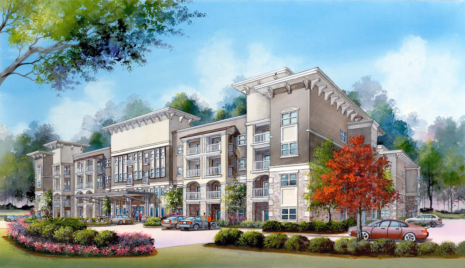 Illustration of a large, multi-story senior living facility building surrounded by landscaped greenery, trees, and parked cars under a blue sky.