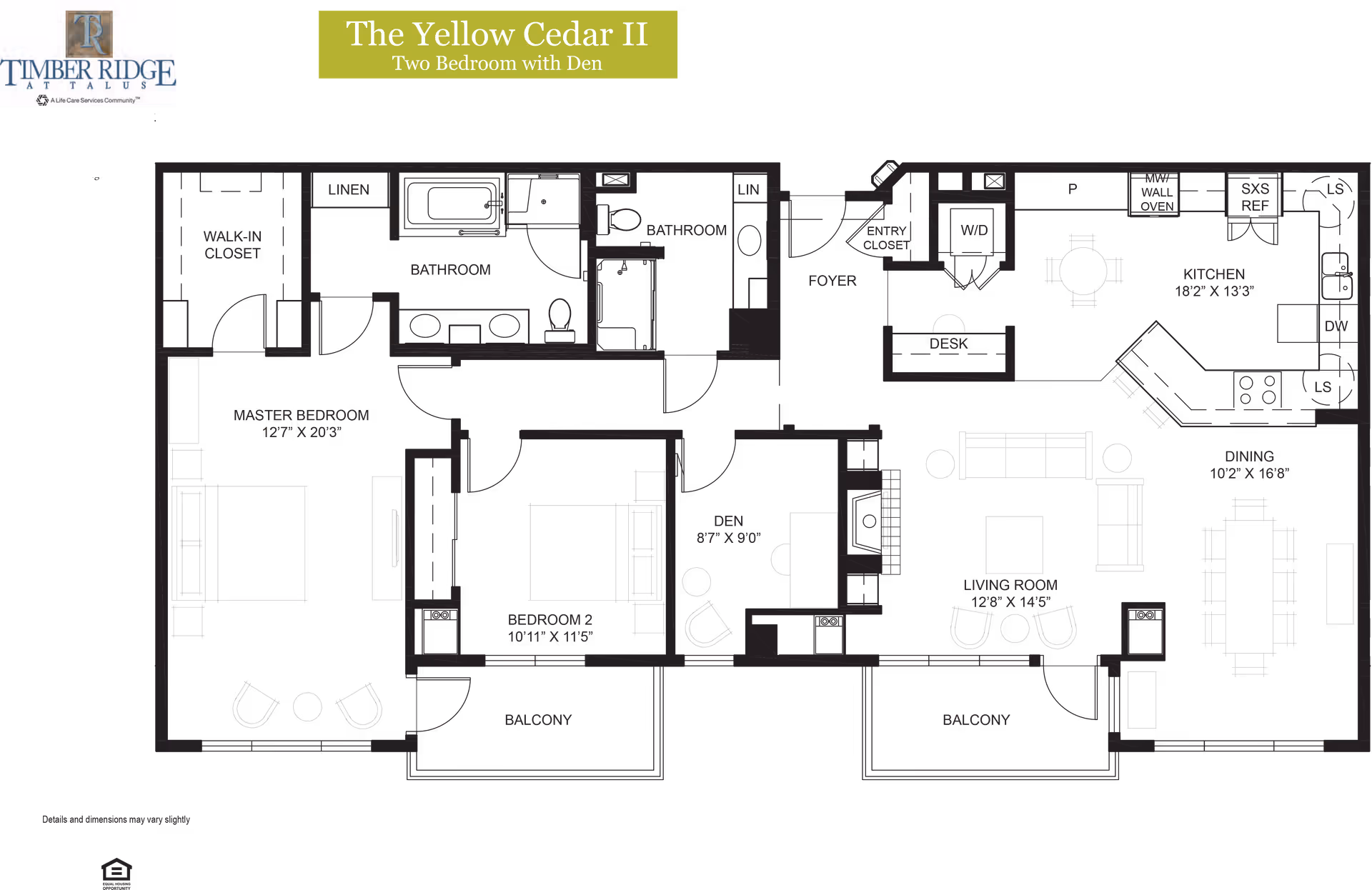 Floor plan of The Yellow Cedar II, a two-bedroom apartment with a den at Timber Ridge at Talus. The layout includes a master bedroom with walk-in closet, second bedroom, two bathrooms, a den, kitchen, dining area, living room, foyer, entry closet, and two balconies.