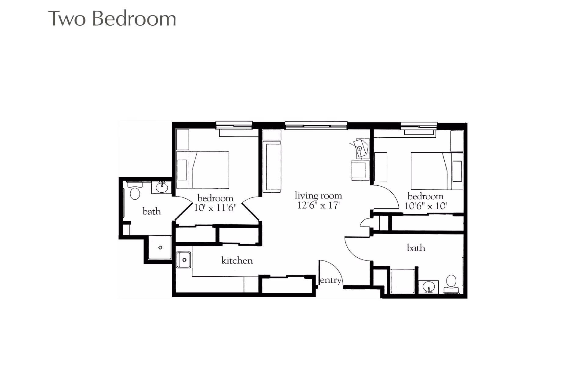 Floor plan of a two-bedroom apartment showing two bedrooms, two bathrooms, a kitchen, a living room, and an entry area with dimensions labeled for each room.