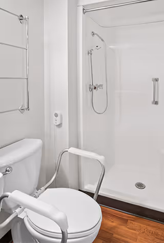 Bathroom with a white toilet equipped with safety rails and a walk-in shower with a handheld showerhead and a grab bar. The floor has a wood-like finish.