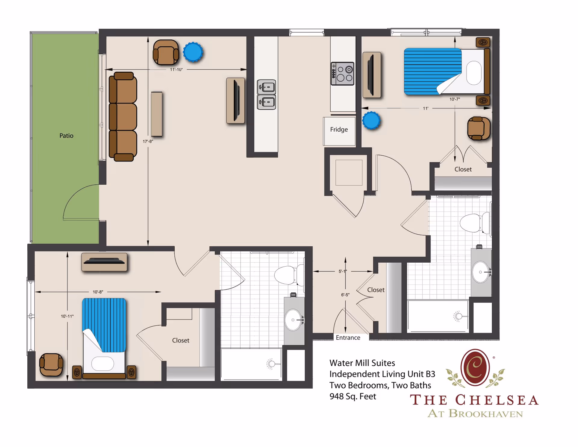Floor plan of Water Mill Suites Independent Living Unit B3 at The Chelsea at Brookhaven, showing two bedrooms, two bathrooms, a living room, kitchen, closets, entrance, and a patio. The total area is 948 square feet.