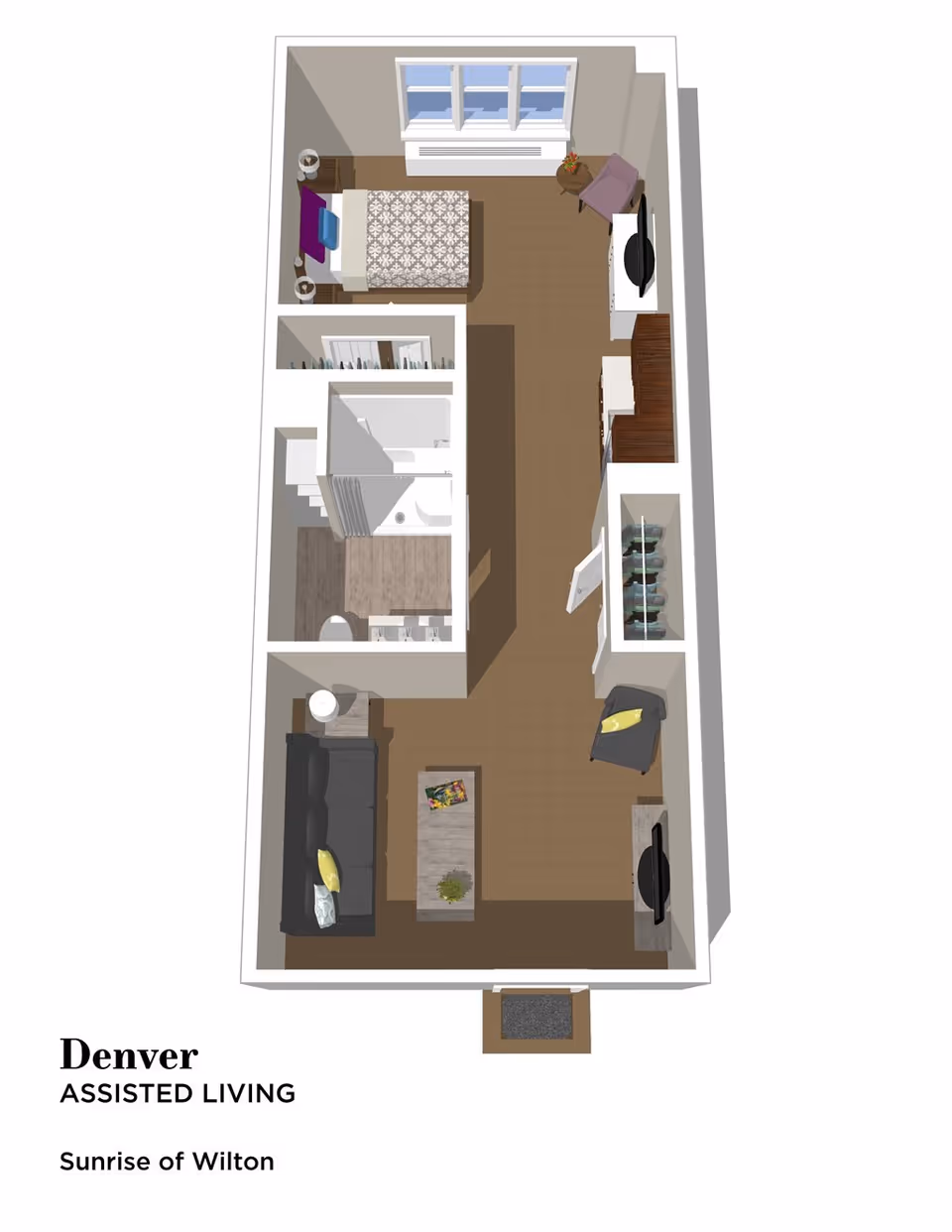 3D floor plan of an assisted living apartment named Denver at Sunrise of Wilton, showing a bedroom with a bed and chair, a bathroom with a shower and sink, and a living room area with a sofa, armchair, coffee table, and TV.