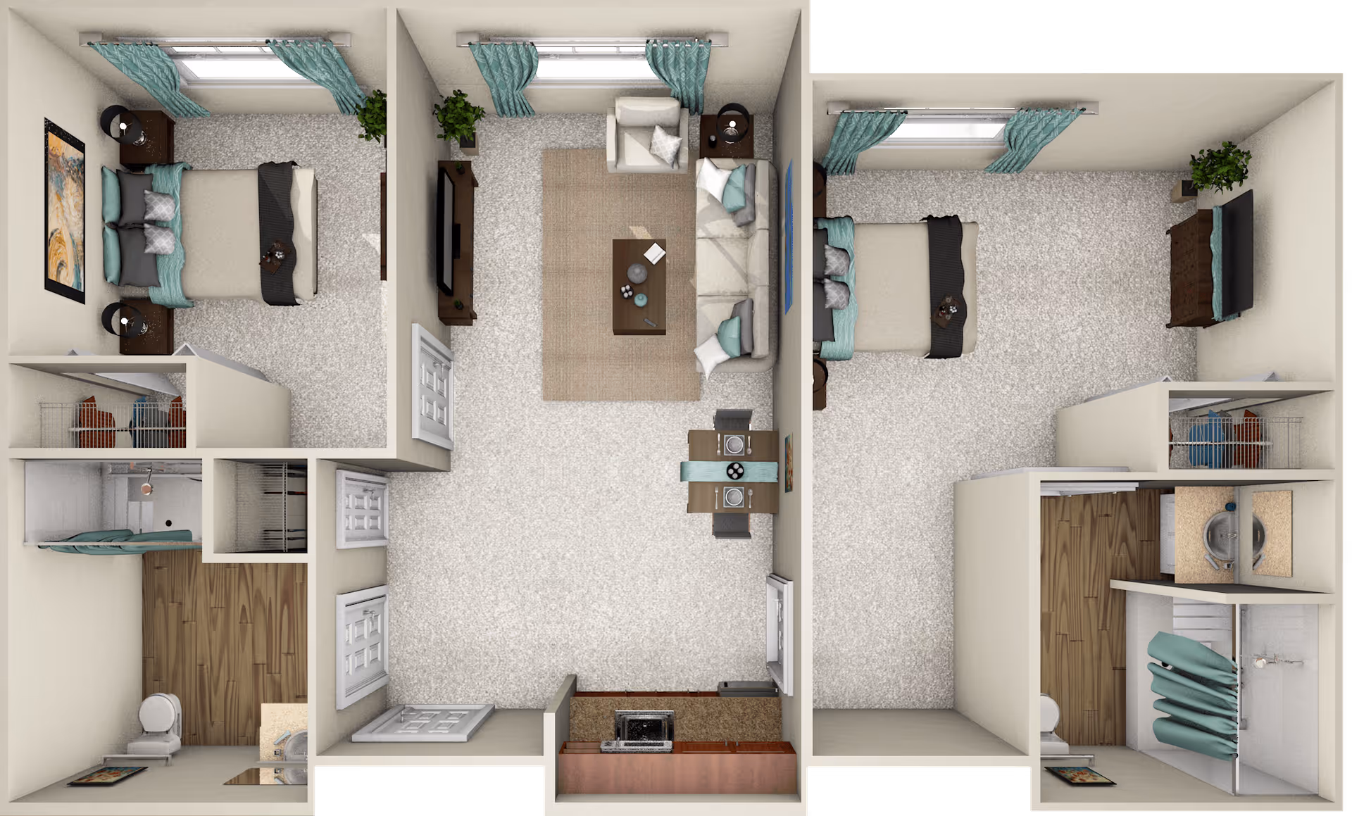Top-down view of a two-bedroom apartment floor plan featuring two bedrooms each with a bed, nightstands, and closets. The central living area includes a sofa, armchair, coffee table, TV stand, and a small dining table with two chairs. The apartment also has two bathrooms with showers, toilets, and sinks, and a kitchen area with a stove and countertop.