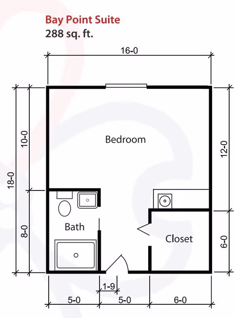 Floor plan of the Bay Point Suite at Village Cove Assisted Living, showing a 288 square foot layout with a bedroom, bath, and closet. Dimensions are marked for each section.