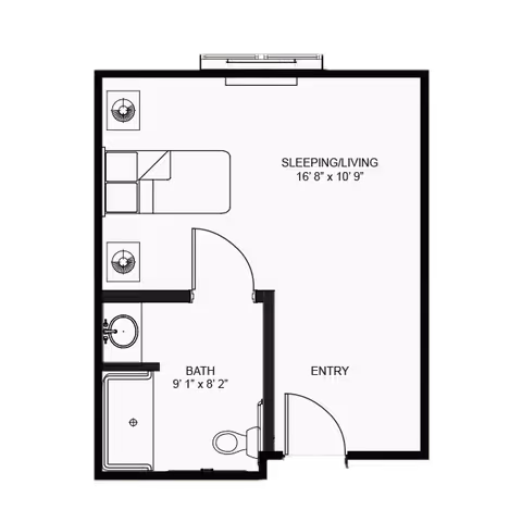 Floor plan of a senior living unit at Volante Senior Living of Round Rock showing an entry area leading into a combined sleeping and living space measuring 16 feet 8 inches by 10 feet 9 inches, and a bathroom measuring 9 feet 1 inch by 8 feet 2 inches with a sink, toilet, and bathtub.