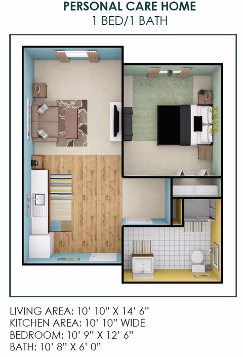 Floor plan of a personal care home with 1 bedroom and 1 bathroom. The layout shows a living area with a sofa, coffee table, and TV, a kitchen area with a sink and appliances, a bedroom with a bed and nightstands, and a bathroom with a sink, toilet, and shower. Dimensions for each area are provided below the floor plan.