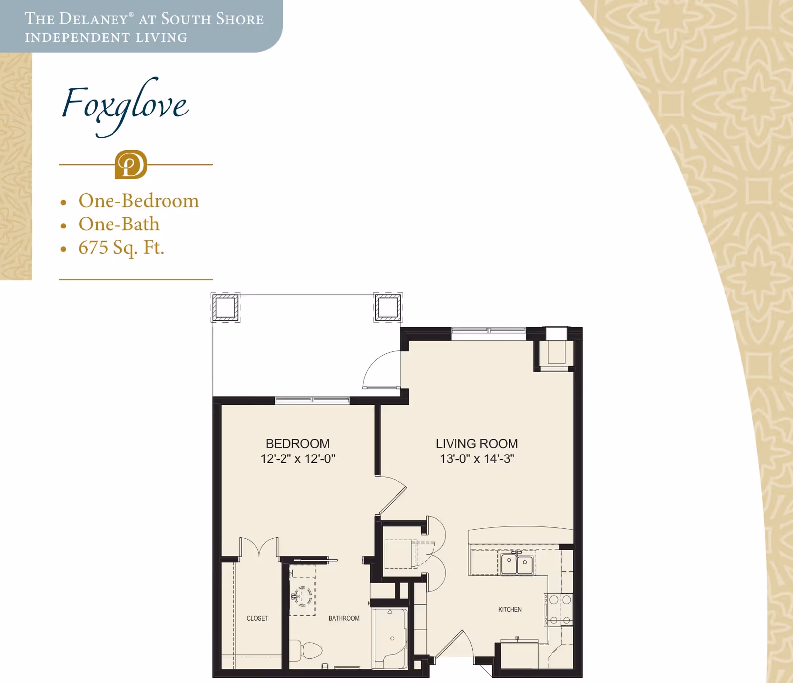 Floor plan of the Foxglove one-bedroom, one-bath independent living apartment at The Delaney at South Shore, showing a bedroom measuring 12 feet 2 inches by 12 feet, a living room measuring 13 feet by 14 feet 3 inches, a kitchen, a bathroom, and a closet.