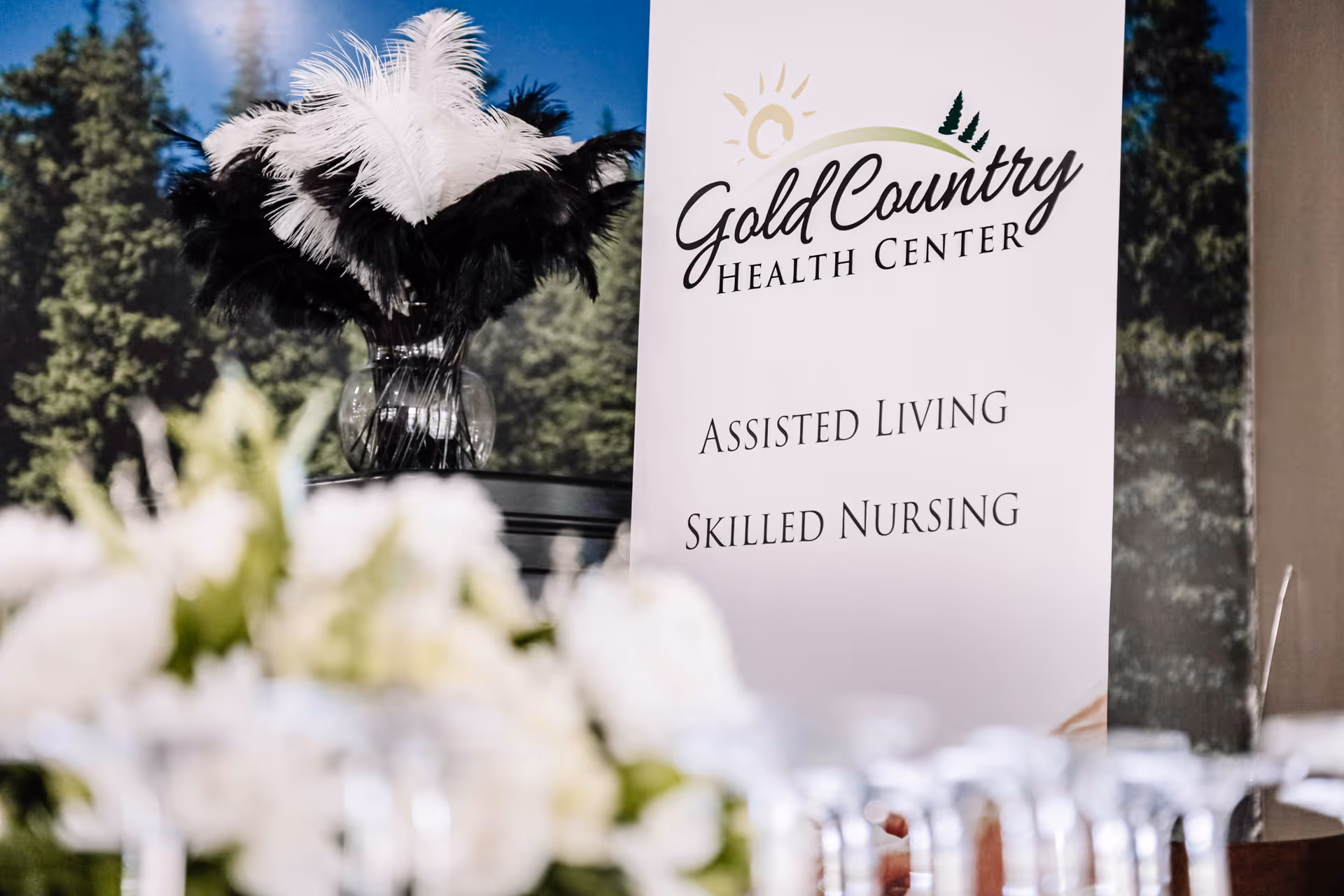 A decorative arrangement of black and white feathers in a glass vase placed on a table, with a sign in the background that reads 'Gold Country Health Center Assisted Living Skilled Nursing'. The background also features a nature-themed mural with trees.