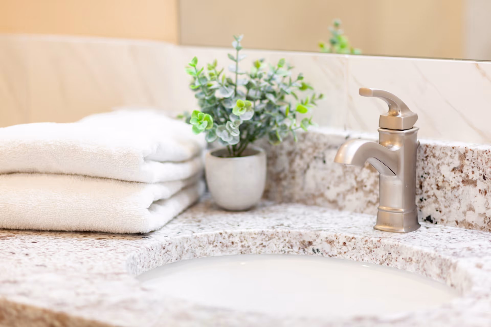 Bathroom vanity with a granite sink and faucet, folded white towels, and a small potted plant on the counter.