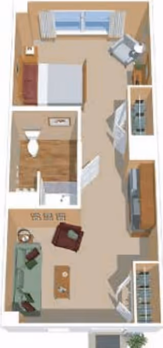 Top-down view of a small apartment floor plan showing a living room with a sofa, armchair, and coffee table, a bedroom with a bed and nightstand, a bathroom with a toilet and shower, and a kitchen area with appliances and cabinets.