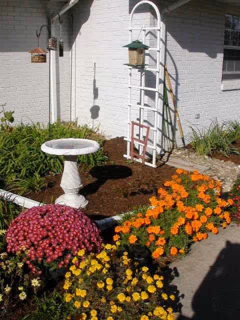 A garden area with colorful flowers including purple, yellow, and orange blooms. There is a white birdbath in the center and a white trellis attached to a white brick wall. Two bird feeders hang from hooks on the trellis. The garden is well-maintained with mulch and green plants surrounding the flowers.