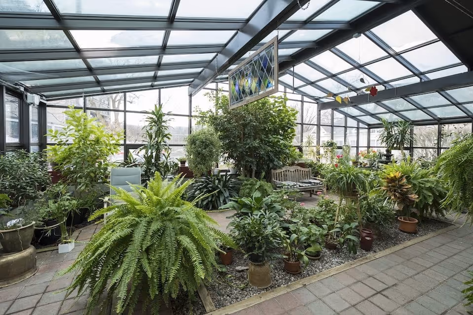 Glass-roofed sunroom filled with potted plants, ferns and a bench forming a conservatory-style indoor garden.