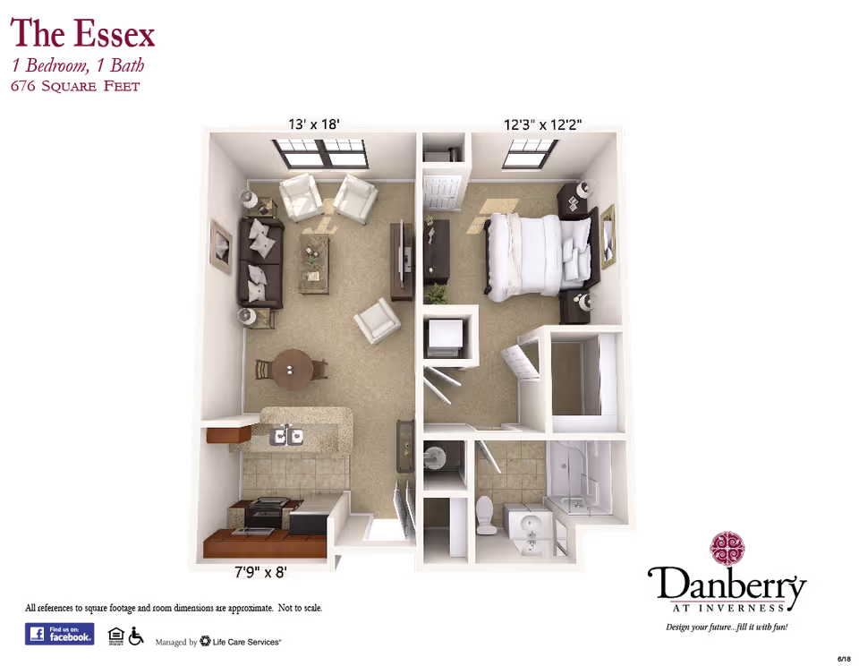 3D floor plan rendering of a one-bedroom, one-bath apartment with furniture and room dimensions.