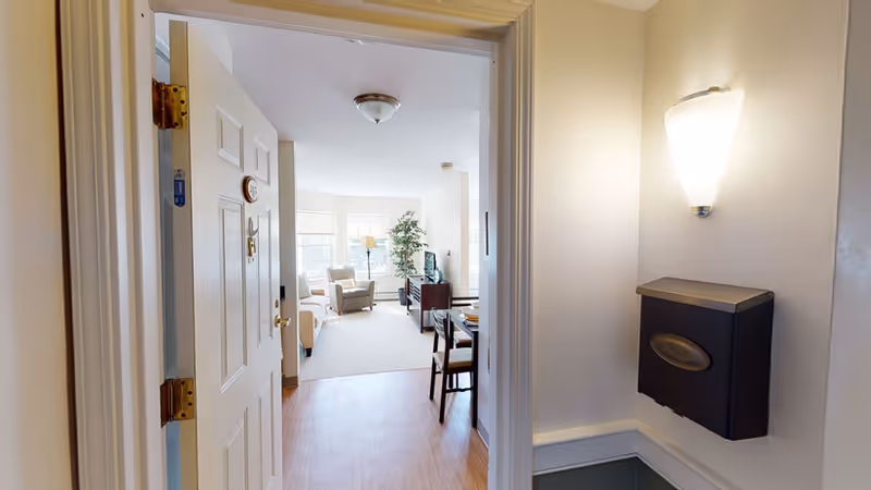 View through an open door into a bright living room area with large windows, beige walls, a beige armchair, a sofa, a TV on a stand, a dining table with chairs, and a tall plant near the window. The hallway has wooden flooring and a wall-mounted light fixture above a black mailbox or holder.