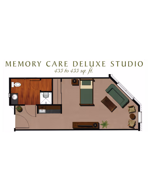 Floor plan of a Memory Care Deluxe Studio apartment measuring 435 to 455 square feet, featuring a bathroom with toilet and sink, a small kitchenette, a sleeping area with a bed and nightstand, and a living area with a sofa, coffee table, two chairs, and a TV stand with a plant.