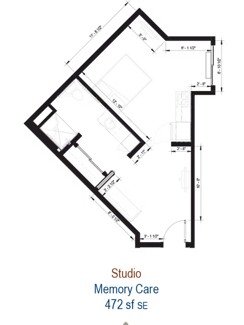 Architectural floor plan of a studio apartment in a memory care facility, showing a combined living and sleeping area, a kitchenette, and a bathroom with a shower, toilet, and sink. The total area is 472 square feet.