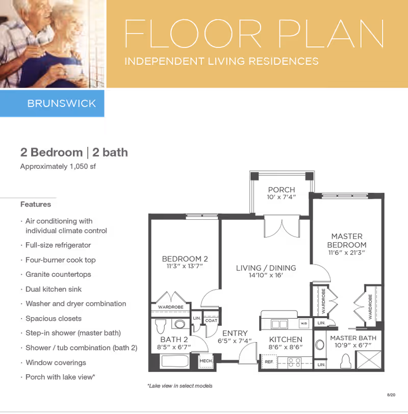 Floor plan information for the Brunswick model of independent living residences at Woodland Terrace, featuring 2 bedrooms and 2 bathrooms, approximately 1,050 square feet, with a list of features including air conditioning, full-size refrigerator, four-burner cooktop, granite countertops, dual kitchen sink, washer and dryer combination, spacious closets, step-in shower in master bath, shower/tub combination in second bath, window coverings, and porch with lake view. The top left corner shows an elderly couple looking out a window.