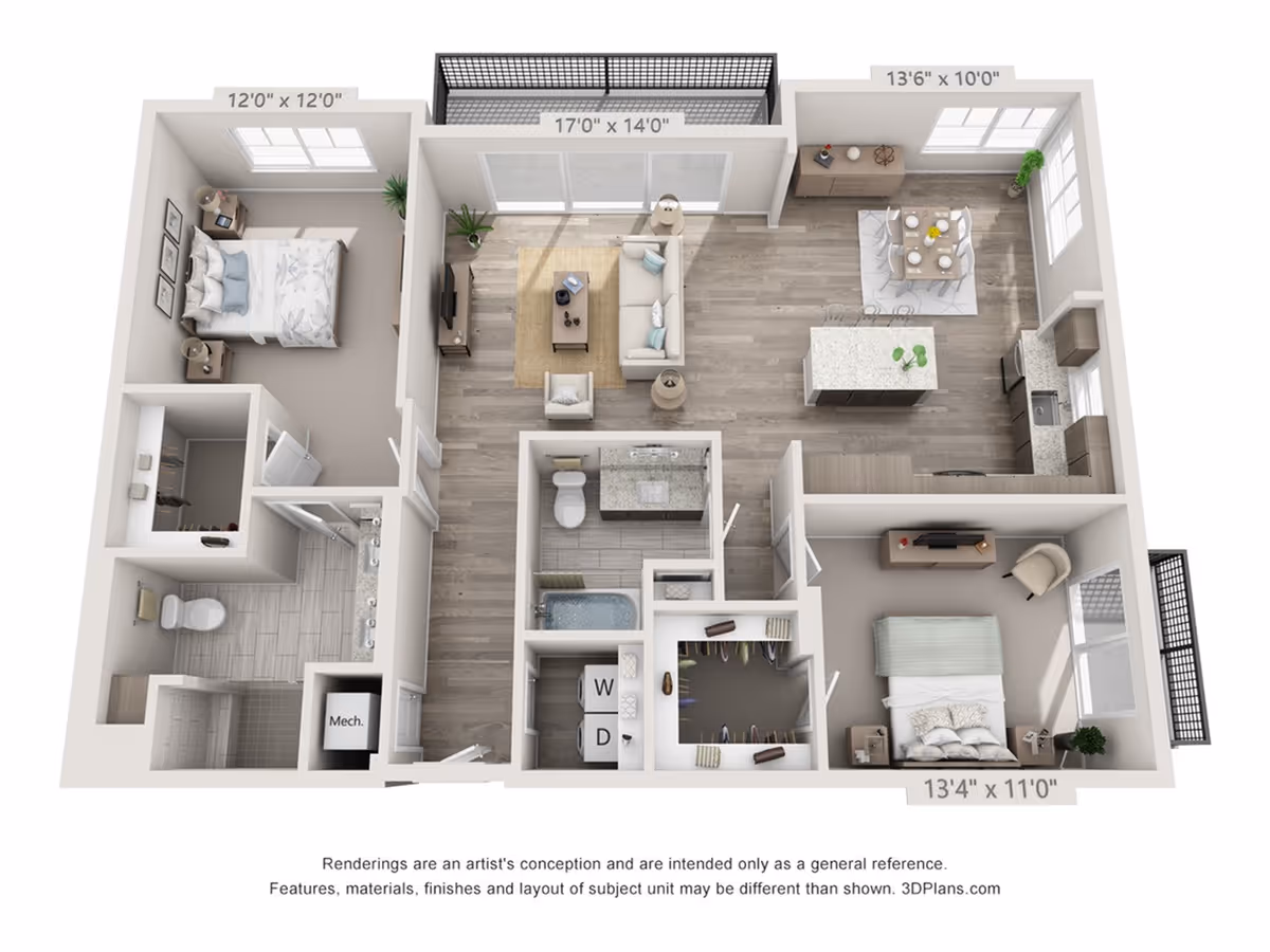 3D floor plan of a two-bedroom apartment featuring a living room with sofa and chair, a dining area with table and chairs, a kitchen with island, two bedrooms with beds and nightstands, two bathrooms, a laundry area with washer and dryer, and closets.