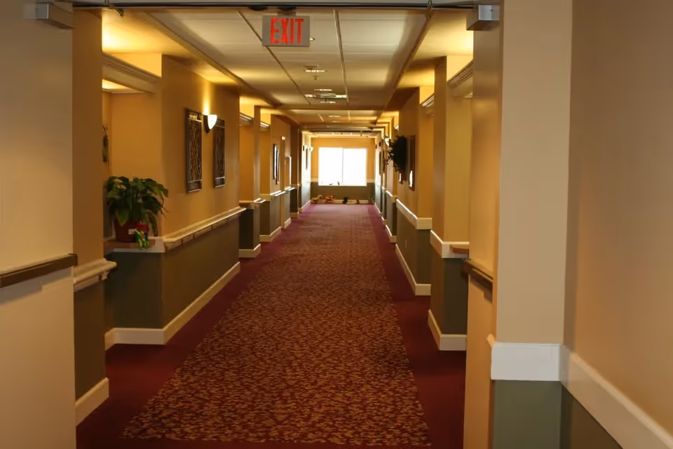 A long indoor hallway with patterned carpet, beige walls with white and green lower panels, handrails on both sides, wall-mounted lights, framed artwork, and a potted plant on the left. An exit sign is visible on the ceiling near the far end of the hallway with a window letting in natural light.